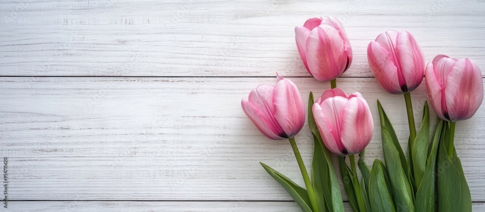 Poster pink tulips against a white wooden background. with copy space image. place for adding text or desig