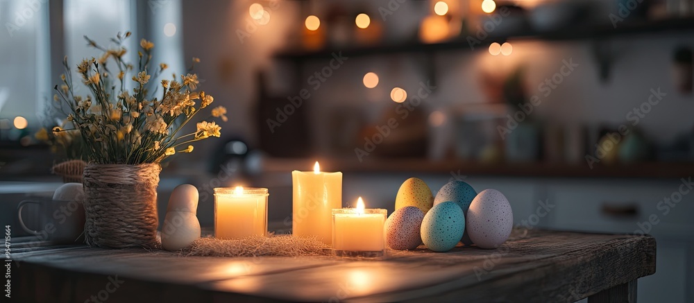 Aufkleber Easter decor featuring candles and vibrant eggs in the kitchen setting Easter backdrop. with copy space image. Place for adding text or design
