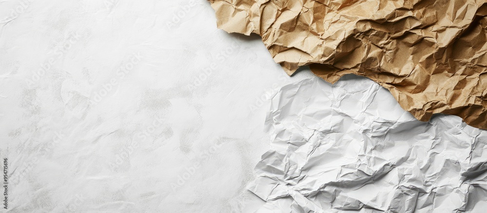Poster close up of crumpled craft paper alongside carton sheets with copy space