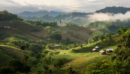 Obraz premium A serene mountain landscape in the Dominican Republic, showcasing lush green hills and valleys. Mist gently rolls over the verdant terrain, with traditional wooden houses dotted throughout.