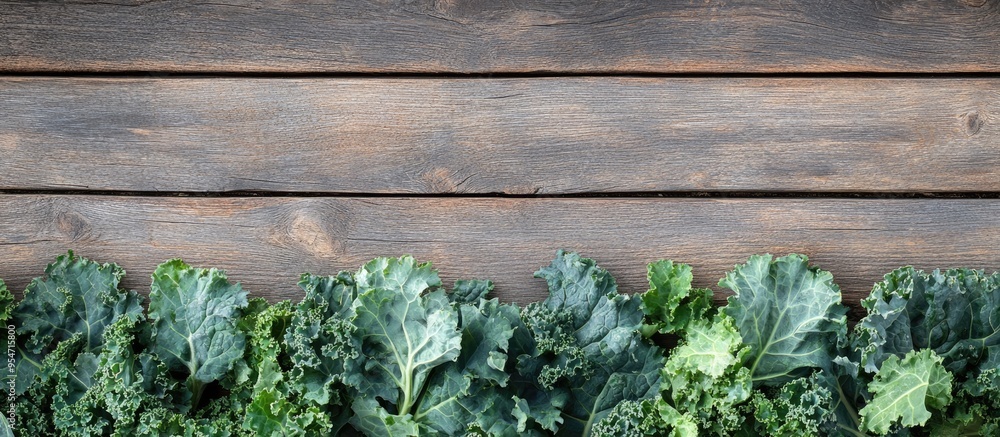 Aufkleber Closeup of fresh kale leaves on a wooden table Area for text. with copy space image. Place for adding text or design