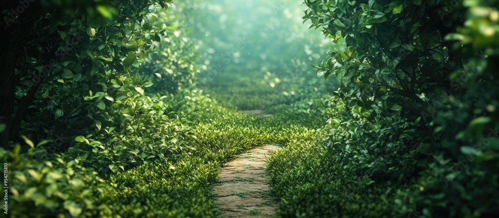 Poster Pathway among green branches with motion blur. with copy space image. Place for adding text or design