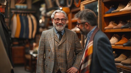 Obraz premium Tailoring of a men's suit in a studio. A professional tailor takes measurements for tailoring a suit in a studio. Exclusive concept of tailoring clothes to order. Men's clothing store