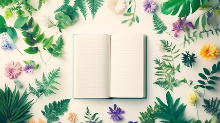 A Beautifully Arranged Open Notebook Surrounded by Fresh Greenery and Colorful Flowers