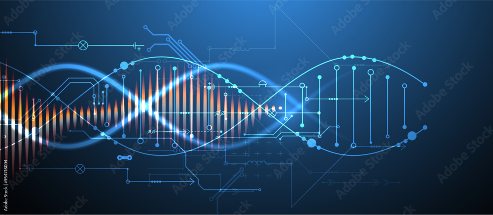 Poster Scientific and technological background. Image of dna molecule with technological elements. Hand drawn vector.