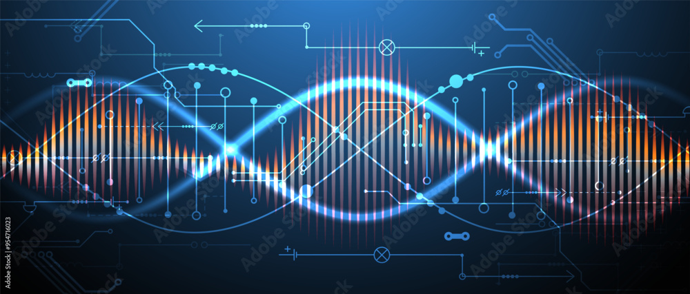 Poster Scientific and technological background. Image of dna molecule with technological elements. Hand drawn vector.