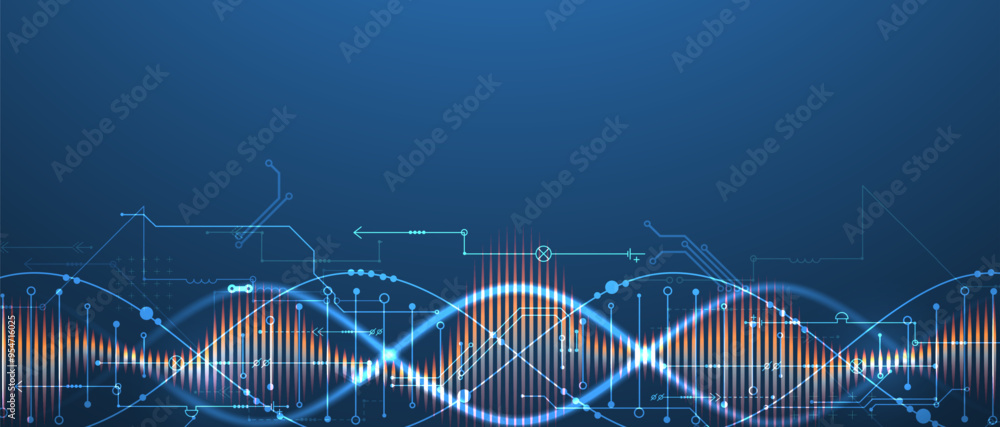 Poster scientific and technological background. image of dna molecule with technological elements. hand dra