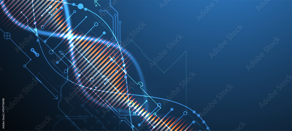 Poster Scientific and technological background. Image of dna molecule with technological elements. Hand drawn vector.
