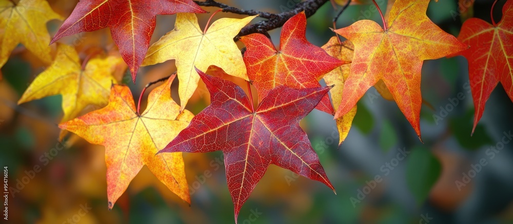 Aufkleber multicolored red and yellow leaves of liquidambar styraciflua known as american sweetgum amber tree 