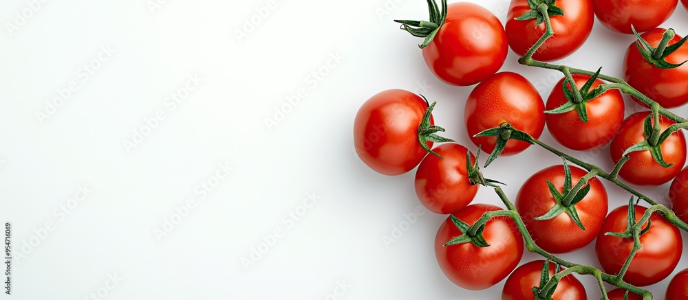 Poster top view of a cluster of fresh tomatoes set against a white background. with copy space image. place