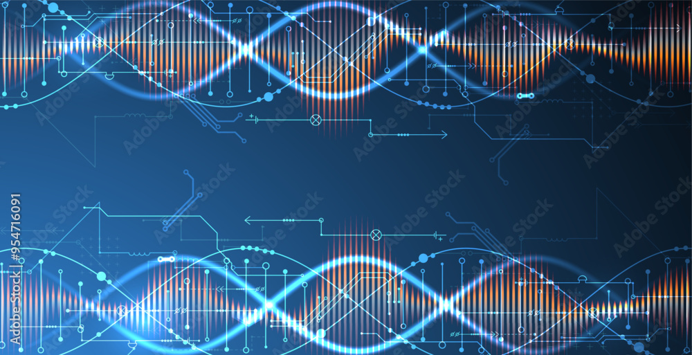 Aufkleber Scientific and technological background. Image of dna molecule with technological elements. Hand drawn vector.