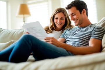 Obraz premium Couple relaxes on couch while reviewing documents during daytime, copy space for text, mortgage advertising, happy couple