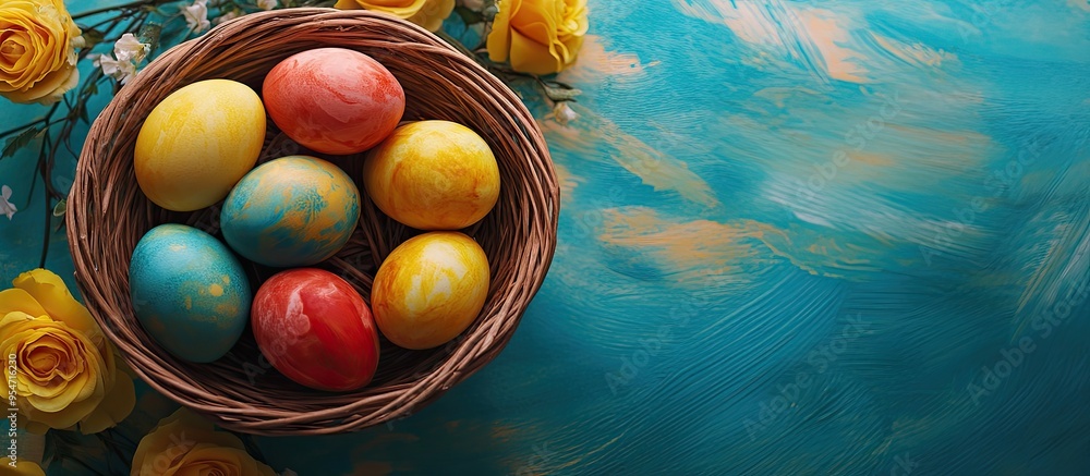 Poster happy easter a basket of easter eggs on a colorful table with yellow roses a top view of naturally d
