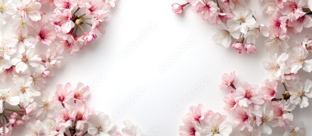 Poster Pink and white cherry blossoms on a white background are arranged in a circular frame. with copy space image. Place for adding text or design