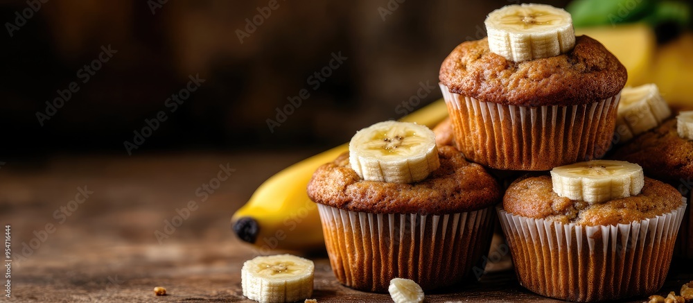 Poster homemade banana muffins are stacked on a brown background a healthy vegan dessert close up with sele