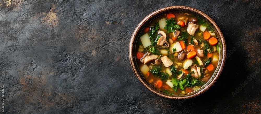 Aufkleber top view of mixed vegetable and shiitake mushroom soup includes radish cabbage spinach and coriander