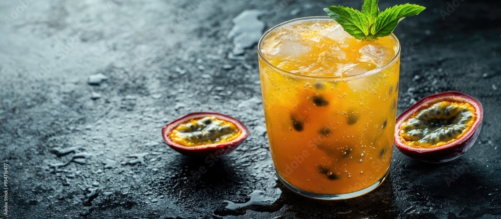 Poster chilled cocktail featuring passion fruit on a stone surface. with copy space image. place for adding
