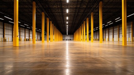 Brightly lit empty warehouse interior with tall yellow columns and high ceilings, providing ample space for storage or industrial use.