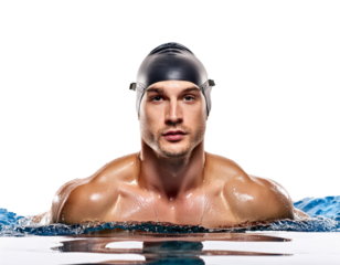Butterfly Stroke: A powerful swimmer cuts through the water with grace and precision, showcasing the raw power and elegance of butterfly stroke. The vibrant blue of his swim cap and goggles against th
