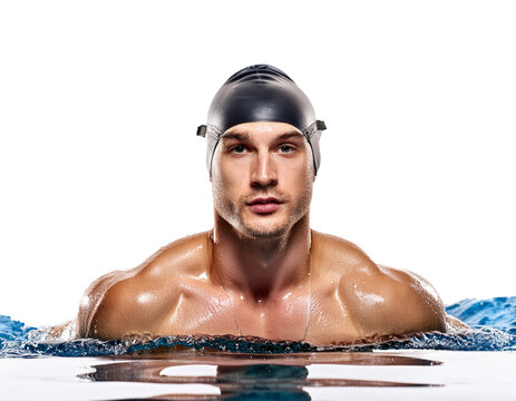 Butterfly Stroke: A powerful swimmer cuts through the water with grace and precision, showcasing the raw power and elegance of butterfly stroke. The vibrant blue of his swim cap and goggles against th