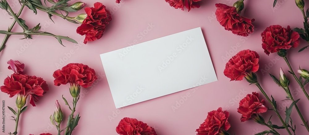 Poster Red carnations and a blank card on a lilac backdrop. with copy space image. Place for adding text or design