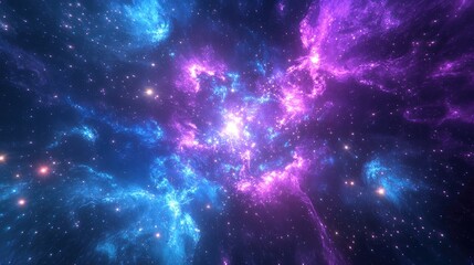 Obraz premium A vibrant metaverse scene with violet and blue fractal bursts, surrounded by glowing stars in a cosmic expanse