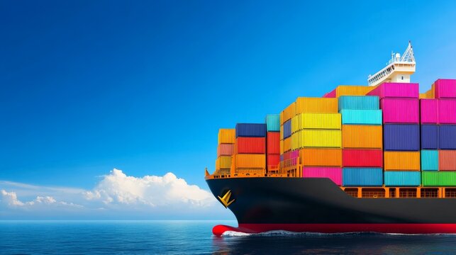Cargo ship in the ocean with colorful shipping containers under a clear blue sky. Ideal for logistics, transport, and maritime industry themes.