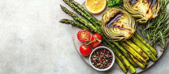 Grilled artichoke and asparagus Delicious vegetables are initially steamed for a few minutes then grilled drizzled with olive oil and spices Spring vegetables Concrete background Flat lay Copyspace