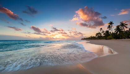 A serene view of a Dominican Republic beach at dawn, with gentle waves lapping at the shore and a...