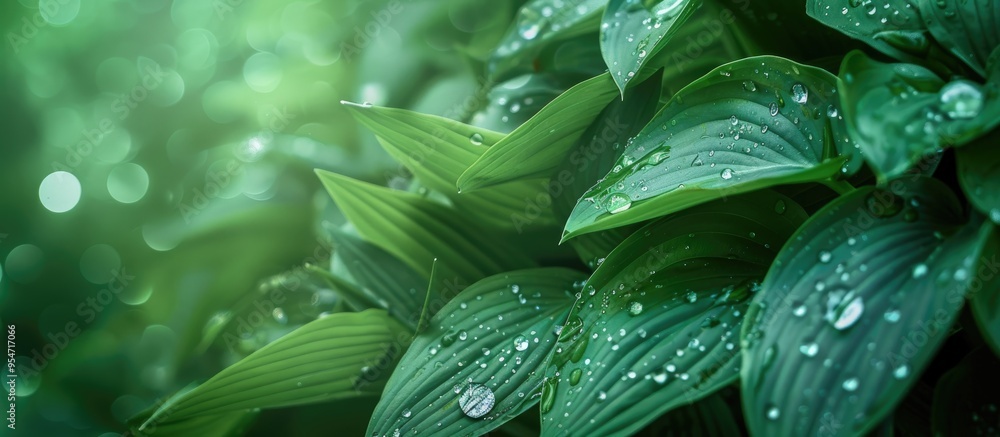 Poster green leaves fresh green spring grass adorned with dew drops soft focus with copyspace suitable for 