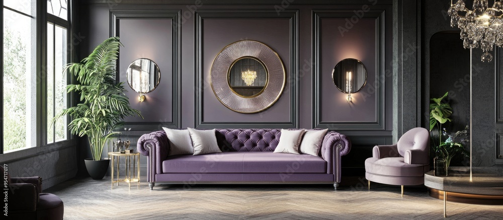 Poster interior of a contemporary room featuring mirrors and a lilac sofa design banner. with copy space im