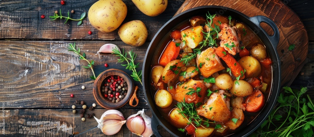 Poster Chicken stew featuring potatoes and vegetables Rustic slow cooked chicken Meat and vegetables are sauteed before being stewed Country style Top view Copy space Space for text