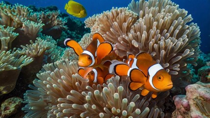 School of clownfish by anemone in coral reef 