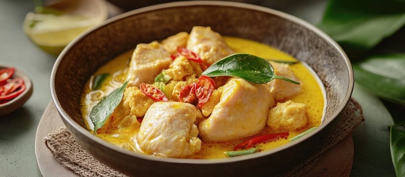 Opor ayam is a special traditional Indonesian dish typically served during Eid al Fitr or Eid al Adha alongside ketupat It is prepared with coconut milk. with copy space image