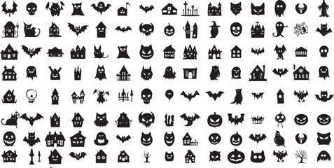 black and white halloween day icons set, ghost ,creepy tree,haunted house