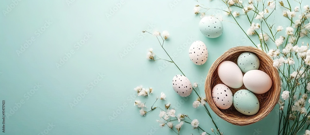 Aufkleber Top view Happy Easter holiday background idea Flat lay. with copy space image. Place for adding text or design
