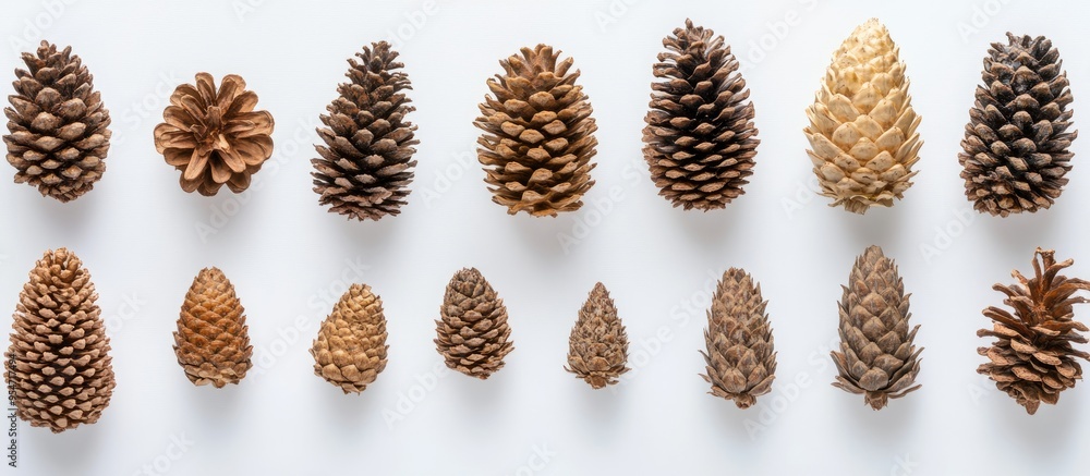 Leinwandbilder a collection of natural cones positioned against a white background high quality photo. with copy sp