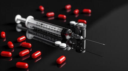 medical injection with pills on a black background. Medicine wallpaper with copy space