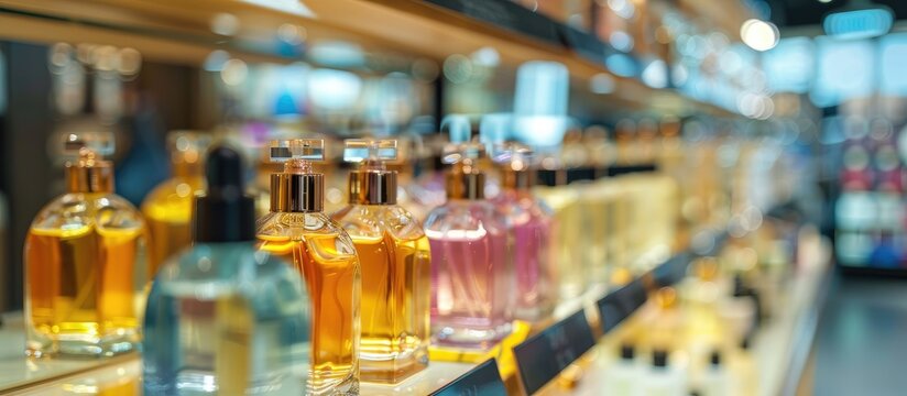 Shoppers in the cosmetics and household chemicals store A blurred view of a large perfume shop featuring perfumes and cosmetics Customers in the perfume shop are examining the products