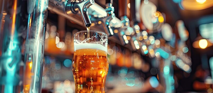 Close up of a bartender dispensing beer from a tap. with copy space image. Place for adding text or design