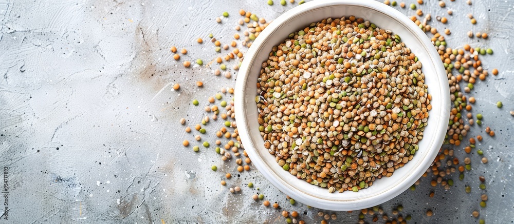 Poster Raw green buckwheat grains in a bowl on a white table top view with room for text Banner design. with copy space image. Place for adding text or design