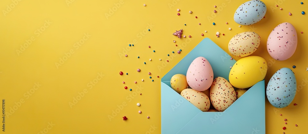 Aufkleber Top view of pink text saying happy easter and a mockup letter with white paper or greeting card in a craft envelope set against a yellow background with sugar sprinkles. with copy space image