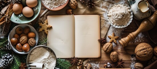 Christmas recipe book viewed from above with copy space A festive food backdrop featuring a recipe book with brown pages surrounded by ingredients like spruce branches cookie cutters flour eggs and n