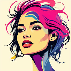 Fototapeta premium Beautiful colorful bliss. Stylized vector illustration of a woman's face blended with vibrant abstract swirls and shapes