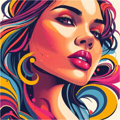 Beautiful colorful bliss. Stylized vector illustration of a woman's face blended with vibrant abstract swirls and shapes