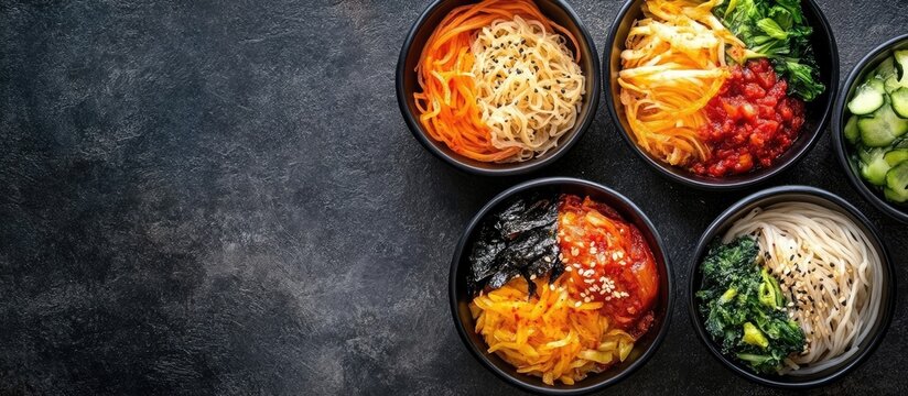 Korean cuisine features Namul marinated vegetables and cold noodles for a healthy summer meal. with copy space image. Place for adding text or design