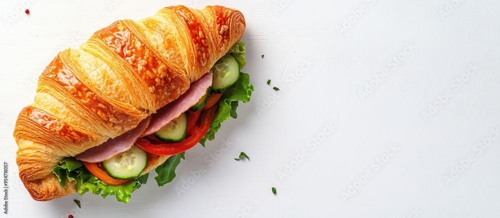 Poster delicious croissant sandwich featuring fresh ham cheese tomato cucumber and lettuce alongside a sub 