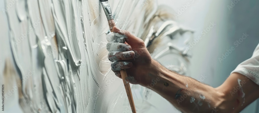 Poster paintbrushes held in a male hand against a white background. with copy space image. place for adding