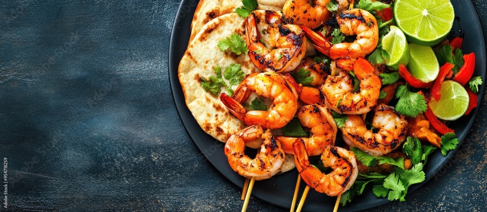 Aufkleber Shrimp skewers served with flatbread and lime. with copy space image. Place for adding text or design