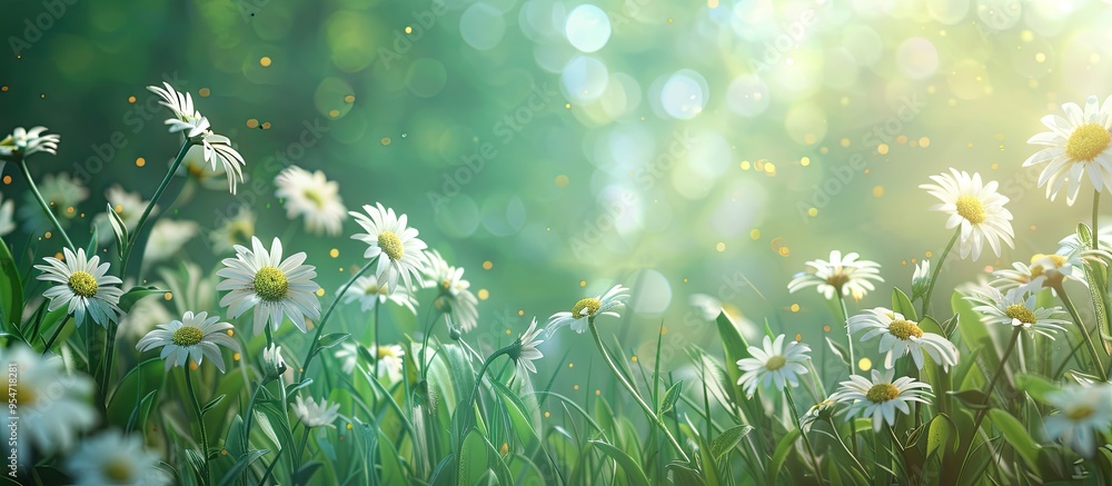 Aufkleber Blooming daisies on the green backdrop of summer. with copy space image. Place for adding text or design